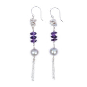Drop earrings. Silver freshwater pearls combine with amethyst and sterling silver chain on sterling shepherd hooks.    
