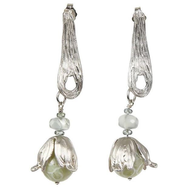 Sterling silver:  Gems: carved jade, Ceylon moonstone, and Champagne zircon. White Orchid Studio vanilla bean earring and bead caps.  Approximate length 3.”