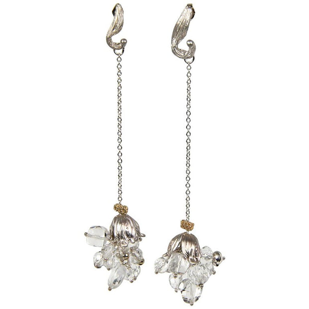 Sterling silver and 14kt yellow gold earrings.  Gem: clear quartz.   White Orchid Studio vanilla bean earrings and floral bead caps. 4”