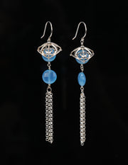 Sterling silver.  Gem: blue chalcedony.  White Orchid Studio's filigree bead cap.  Approximate length 3.5."  
