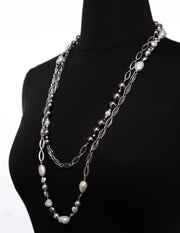 14kt heavy, white gold chain.  Gems: Tahitian and akoya pearl.  White Orchid Studio logo clasp.  Approximate length 26."  Layered with my 34" "Black Tie."
