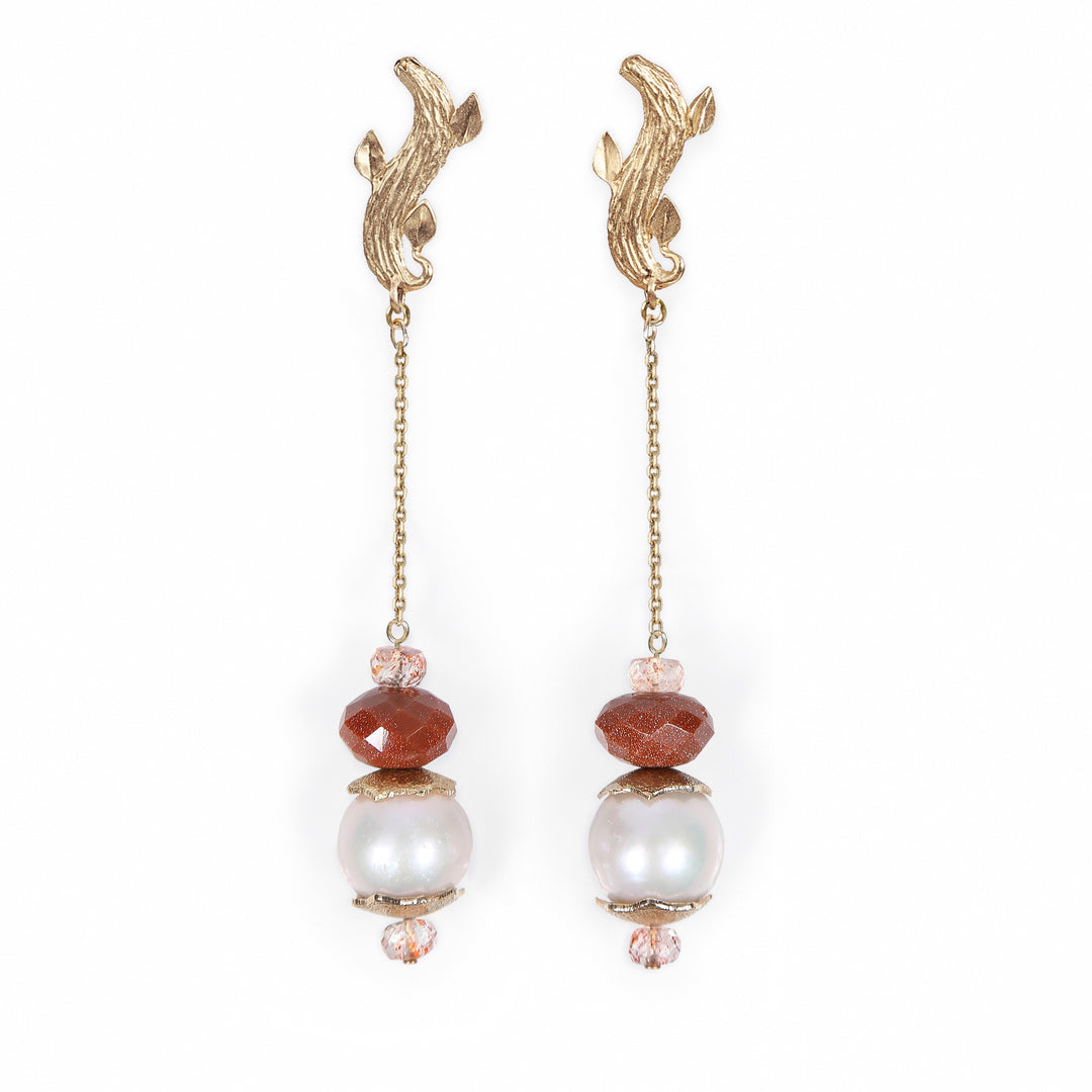 Strawberry Stars: A Pearl, Goldstone, and Strawberry Quartz Earring