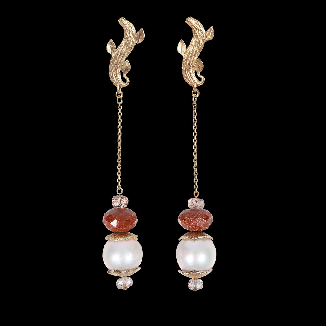 Strawberry Stars: A Pearl, Goldstone, and Strawberry Quartz Earring