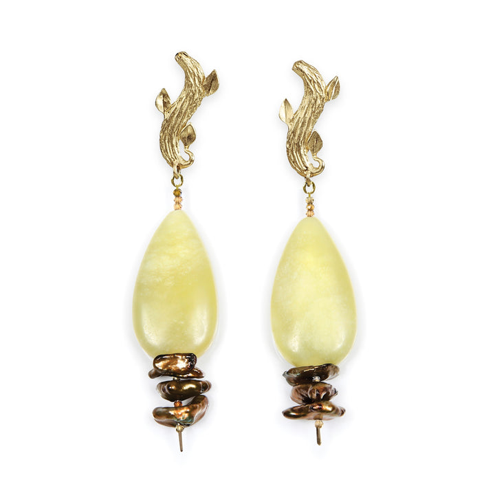 14kt yellow gold.  Gems: jade, Keshi pearls, and tourmaline. Approximate length is 2.5.”