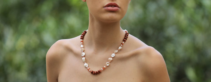 Strawberry Stars: A Pearl, Sunstone, Goldstone, Quartz, and Gold Necklace