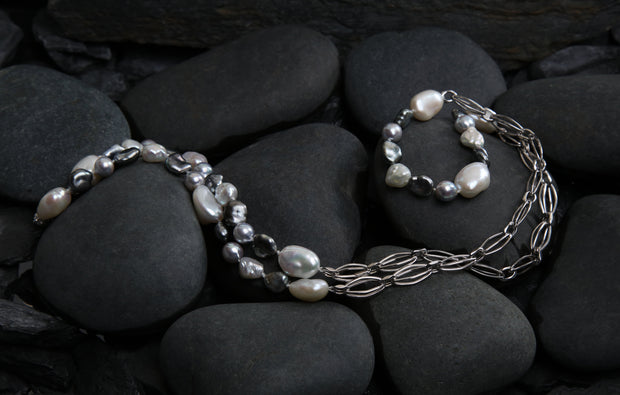 14kt heavy, Italian white gold chain.  Gems: akoya and keshi pearl.  White Orchid Studio logo clasp.  Approximate length 34."