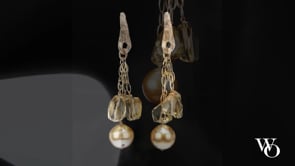 South sea pearls, Champagne diamonds (approximately .64 cts. t.w.), and citrine chandelier earrings.  14kt yellow gold chains and White Orchid Studio’s vanilla bean earrings. Approximately 2.5” long.