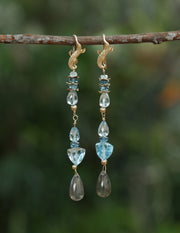 Sky and London blue topaz cascade down to flashing labradorite to create a drop ear wire, approximately 3.25” long.  14kt yellow gold.  White Orchid Studio’s vanilla bean ear wires and spacers.  