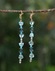 Sky and London blue topaz sparkle against Sleeping Beauty turquoise to create a drop ear wire, approximately 4” long.  14kt yellow gold.  White Orchid Studio’s vanilla bean ear wires and spacers.  