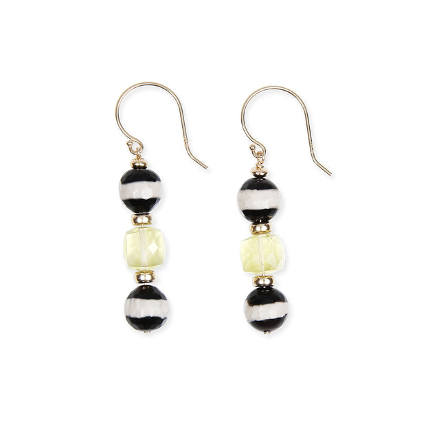 14kt yellow gold ear wires and spacers. Gems: agate and lemon quartz. Approximate length is 1.5.” 