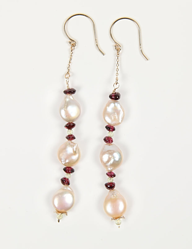 White Orchid Studios | Made in the USA | Handcrafted couture jewelry inspired by nature. |  Natural color, freshwater coin pearls, garnet rondelles, and peridot rounds with our signature 14kt yellow gold spacers and 14kt yellow gold earwires. $255