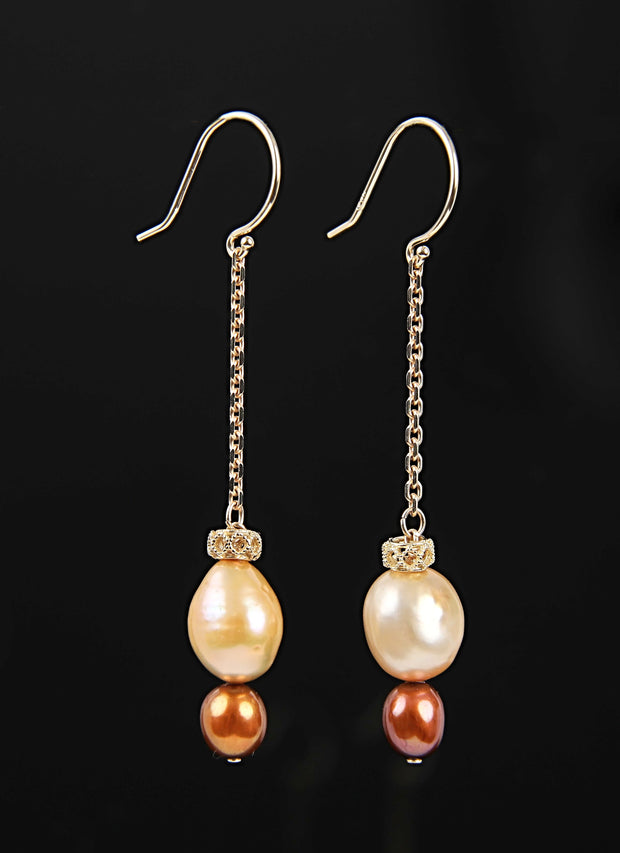 14kt yellow gold crown, chain, and shepherd hooks. Gems: golden and bronze freshwater pearls.  Approximate length is 2.5."
