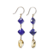 Drop earrings. Gem earrings of citrine and lapis lazuli. The shepherd hooks are 14kt yellow gold.