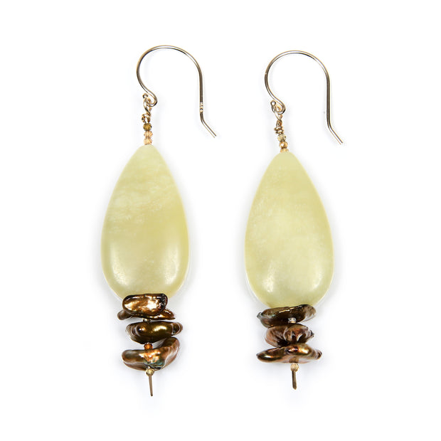 14kt yellow gold.  Gems: jade, Keshi pearls, and tourmaline. Approximate length is 2.5.”