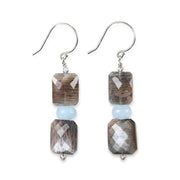 Drop earrings. Soft blue gems: hypersthene, aquamarine, and labradorite. Sterling silver shepherd hooks.