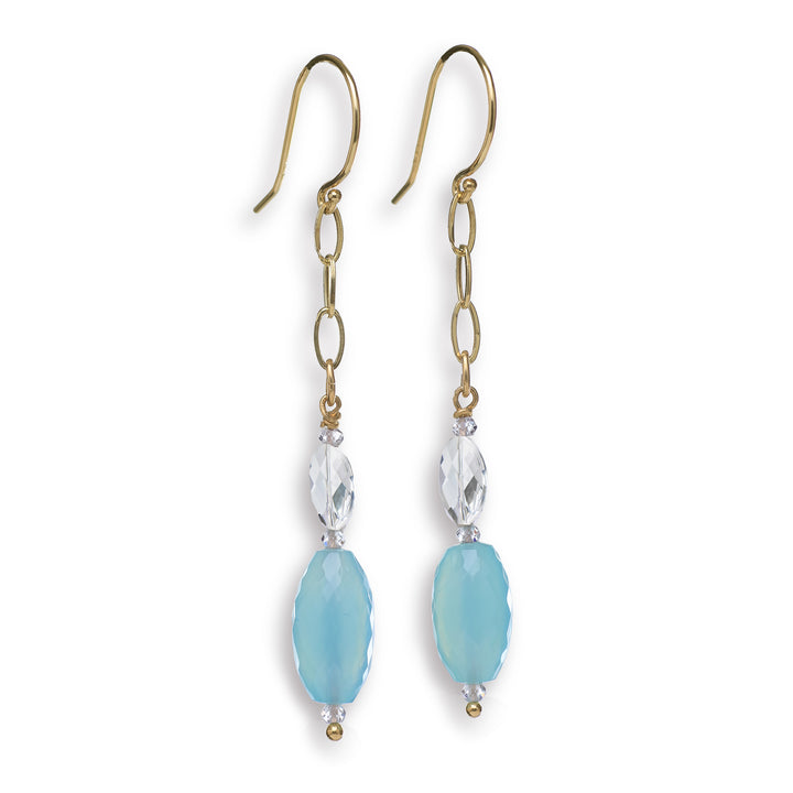 14kt yellow gold earring.  Gems: blue chalcedony, scapolite, and white topaz. The length is approximately 2.5."