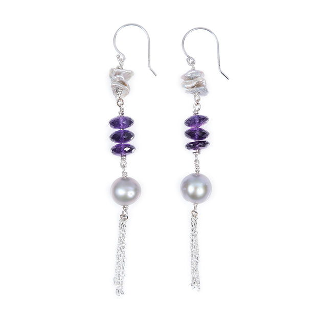 Drop earrings. Silver freshwater pearls combine with amethyst and sterling silver chain on sterling shepherd hooks.    