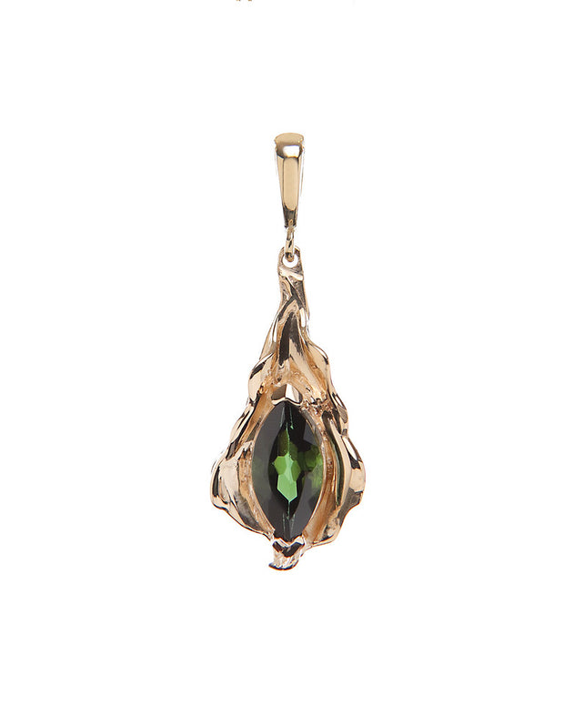14kt yellow gold charm, designed as a leaf.  Marquis cut, green tourmaline (1.01 cts.). 
