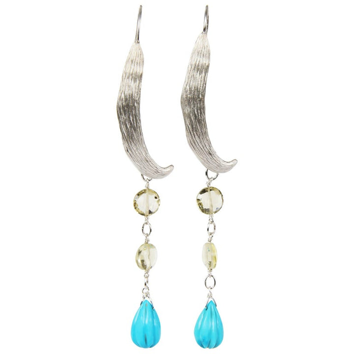 Sterling silver.  Gems: citrine and natural, carved turquoise.  White Orchid Studio’s ear wire resembles a vanilla bean.  An approximate length of 4.” 