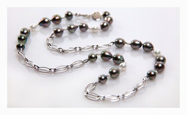 14kt heavy, white gold chain.  Gems: Tahitian and akoya pearl.  White Orchid Studio logo clasp.  Approximate length 26."  
