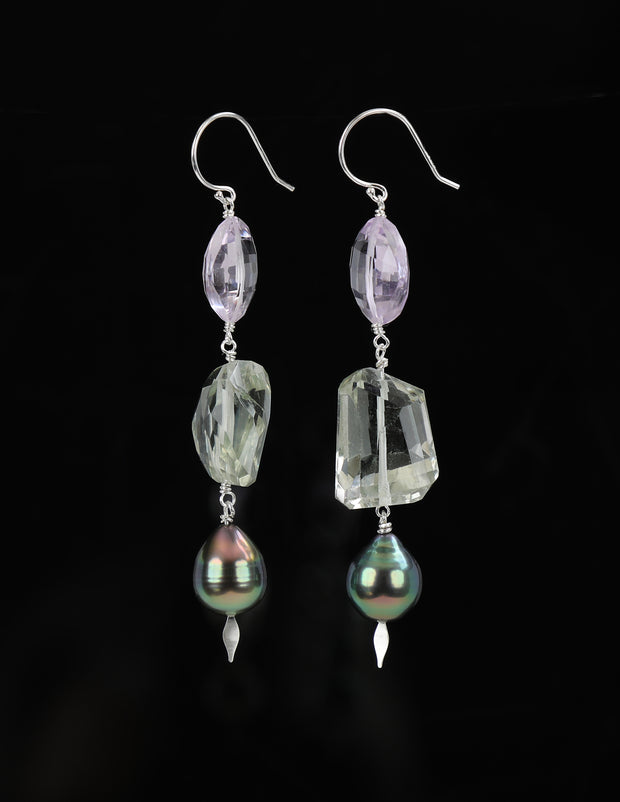 a dangle ear wire featuring amethyst (a sparkly green form called prasiolite), light pink amethyst, and a sparkling freshwater, peacock pearl.  A sterling silver shepherd hook suspends the gems for an approximate length of 3.5."  