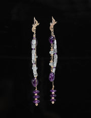 14kt yellow gold earring.  Gems: amethyst and aquamarine.  White Orchid Studio vanilla leaves.