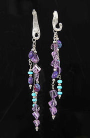 Turquoise, amethyst, and silver chandelier earrings. Sterling silver White Orchid Studio’s vanilla bean earrings. Approximately 4.5” long.