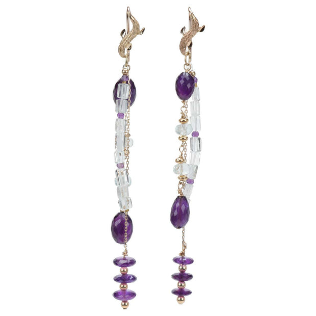 14kt yellow gold earring.  Gems: amethyst and aquamarine.  White Orchid Studio vanilla leaves.