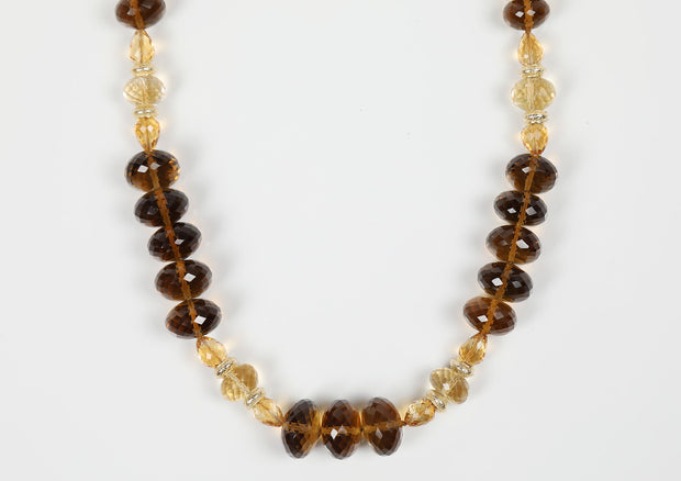 14kt yellow gold.  Gems: whiskey quartz and citrine. Gold spacers and White Orchid Studio’s vanilla bean clasp.  Approximate length 18”