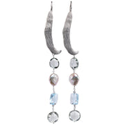 Sterling silver.  Gems: prasiolite, topaz, and pearl. White Orchid Studio’s ear wire resembles a vanilla bean. An approximate length of 4.5.”
