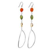 A dangle ear wire: carnelian, idocrase, citrine, silver.  The silver is sterling, dusted with diamonds and protected with rhodium. The approximate length of  5.5."