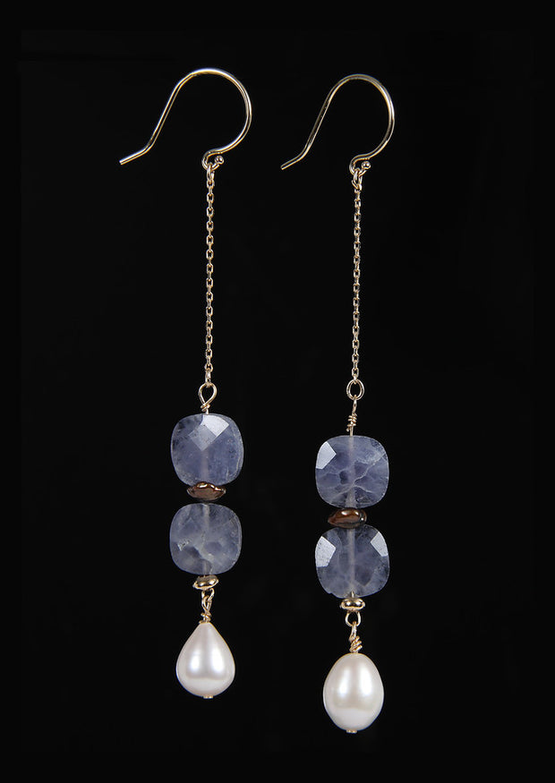 14kt yellow gold chain and shepherd hooks. Gems: freshwater and Keshi pearl, and iolite.  Approximate length 3.25" length.
