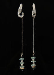 Sterling silver and gem earrings. Gems: moss aqua and green sapphires. White Orchid Studio’s wave spacers and our vanilla bean earrings.  Approximate length 3.75.”