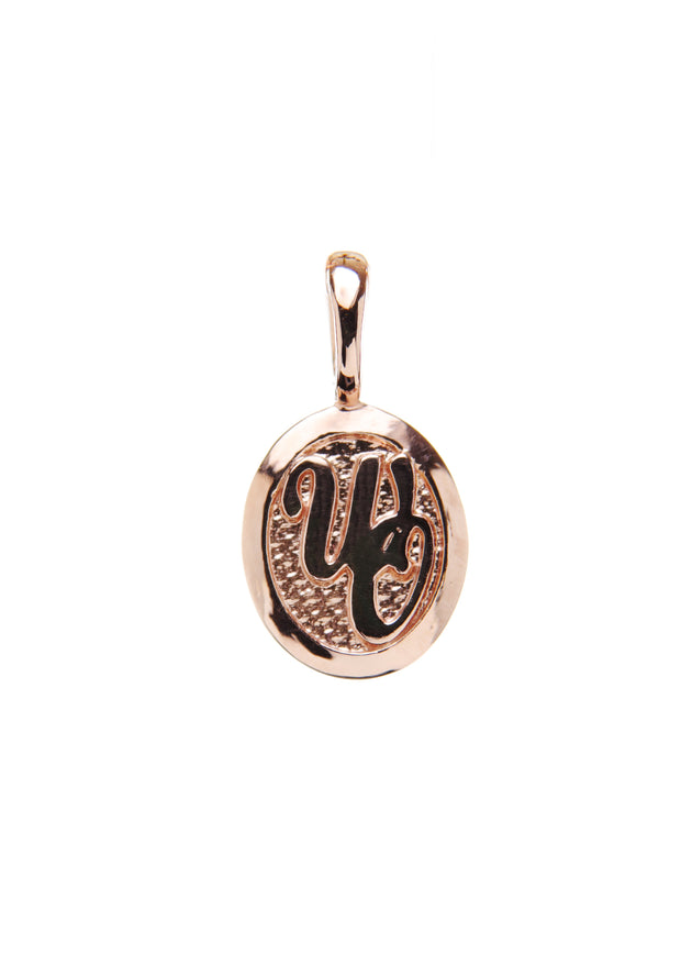 14kt rose gold, White Orchid Studio’s logo charm.  The dimensions are approximately 11 mm wide and 14 mm long.