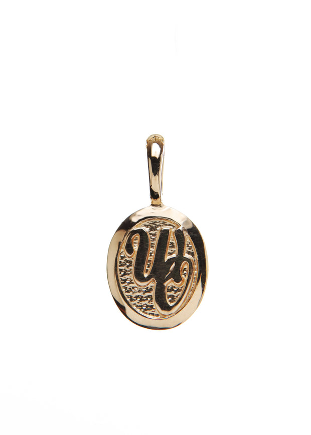 14kt yellow gold charm. White Orchid Studio’s logo.  The dimensions are approximately 11 mm wide and 14 mm long.