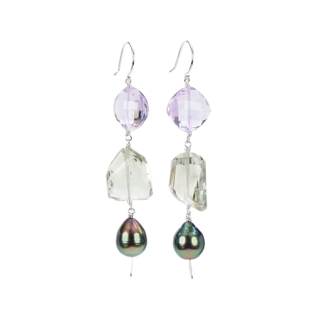 a dangle ear wire featuring amethyst (a sparkly green form called prasiolite), light pink amethyst, and a sparkling freshwater, peacock pearl.  A sterling silver shepherd hook suspends the gems for an approximate length of 3.5."  