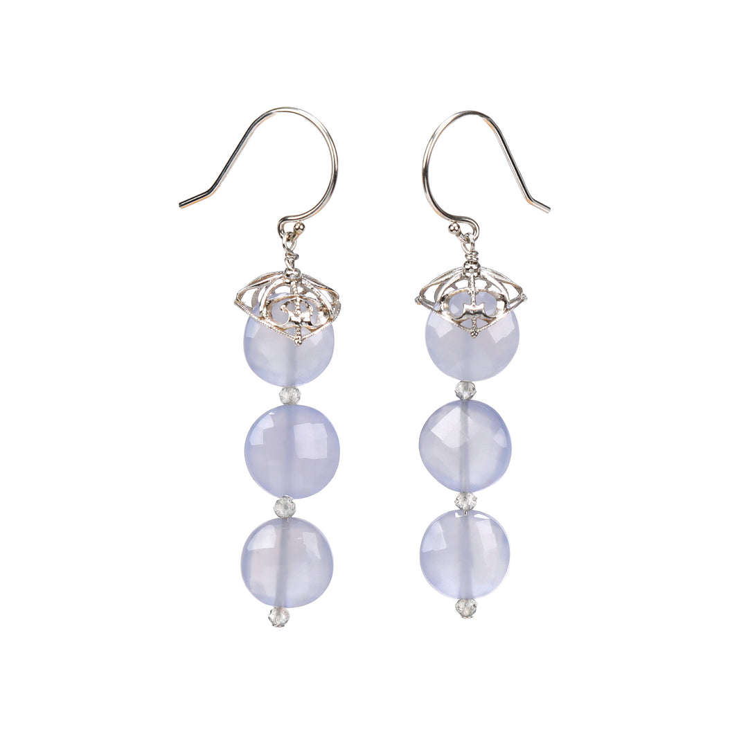 Sterling silver ear wires feature blue chalcedony coins and white topaz.  An approximate length of 2.30.” 